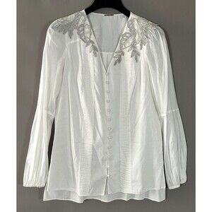 Elie Tahari Leigha Blouse‎ Top Small Silver Emroidered Cottage Boho Edwardian